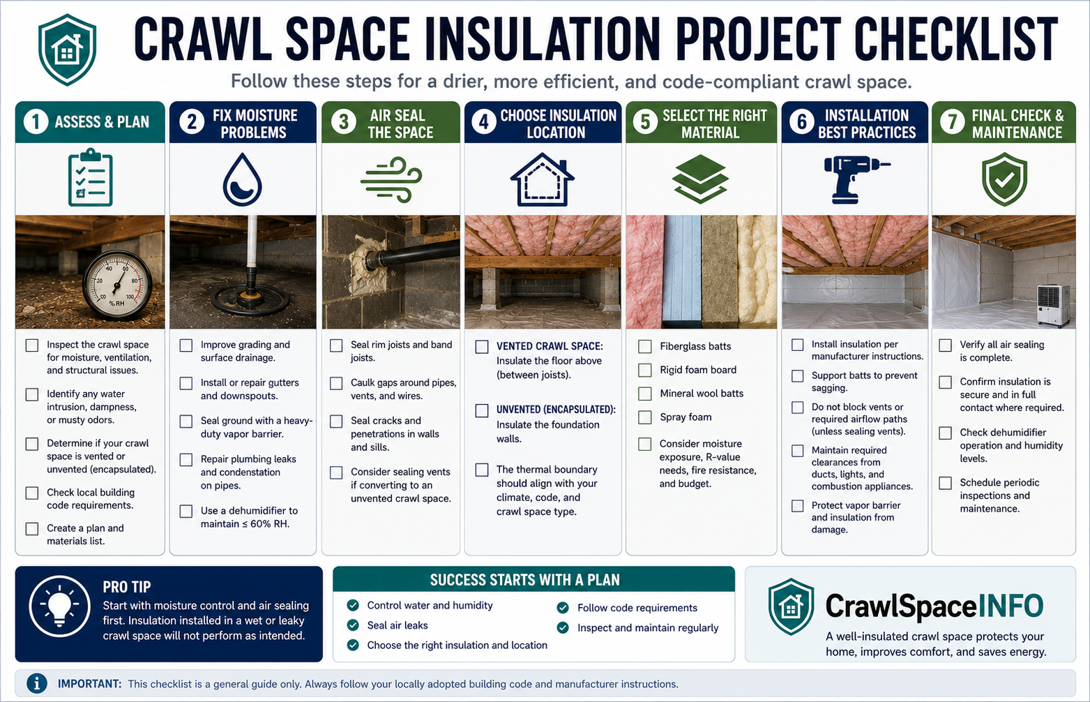 Crawl space insulation project checklist covering moisture, air sealing, insulation location, material choice, code and final inspection.