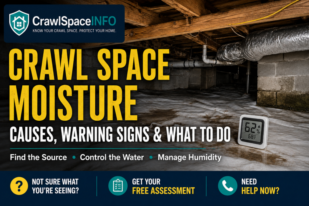 Crawl space moisture beneath a home showing damp soil, condensation, vapor barrier, framing and signs of moisture in the crawl space.