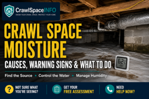Crawl space moisture beneath a home showing damp soil, condensation, vapor barrier, framing and signs of moisture in the crawl space.