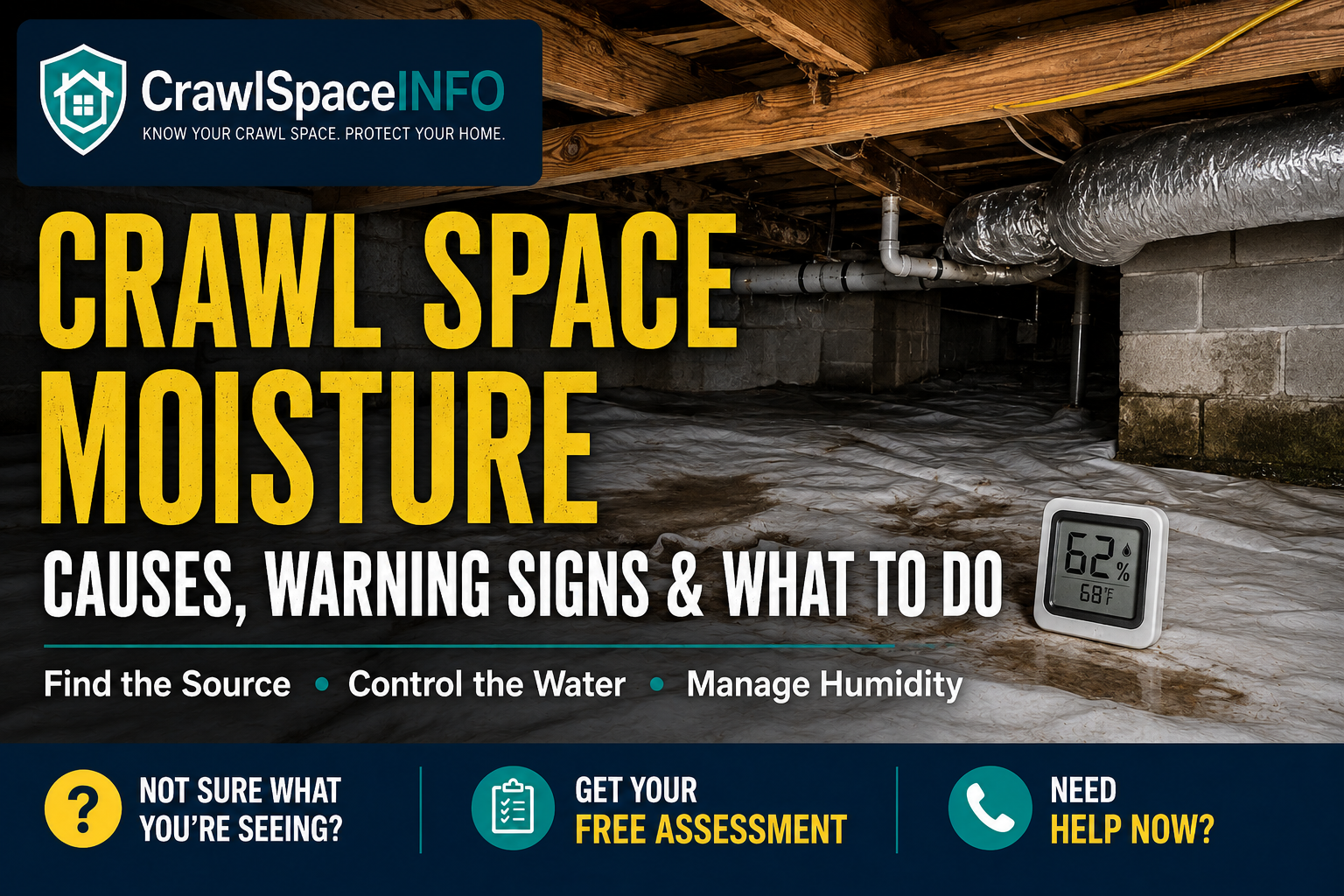 Crawl space moisture beneath a home showing damp soil, condensation, vapor barrier, framing and moisture-control equipment.