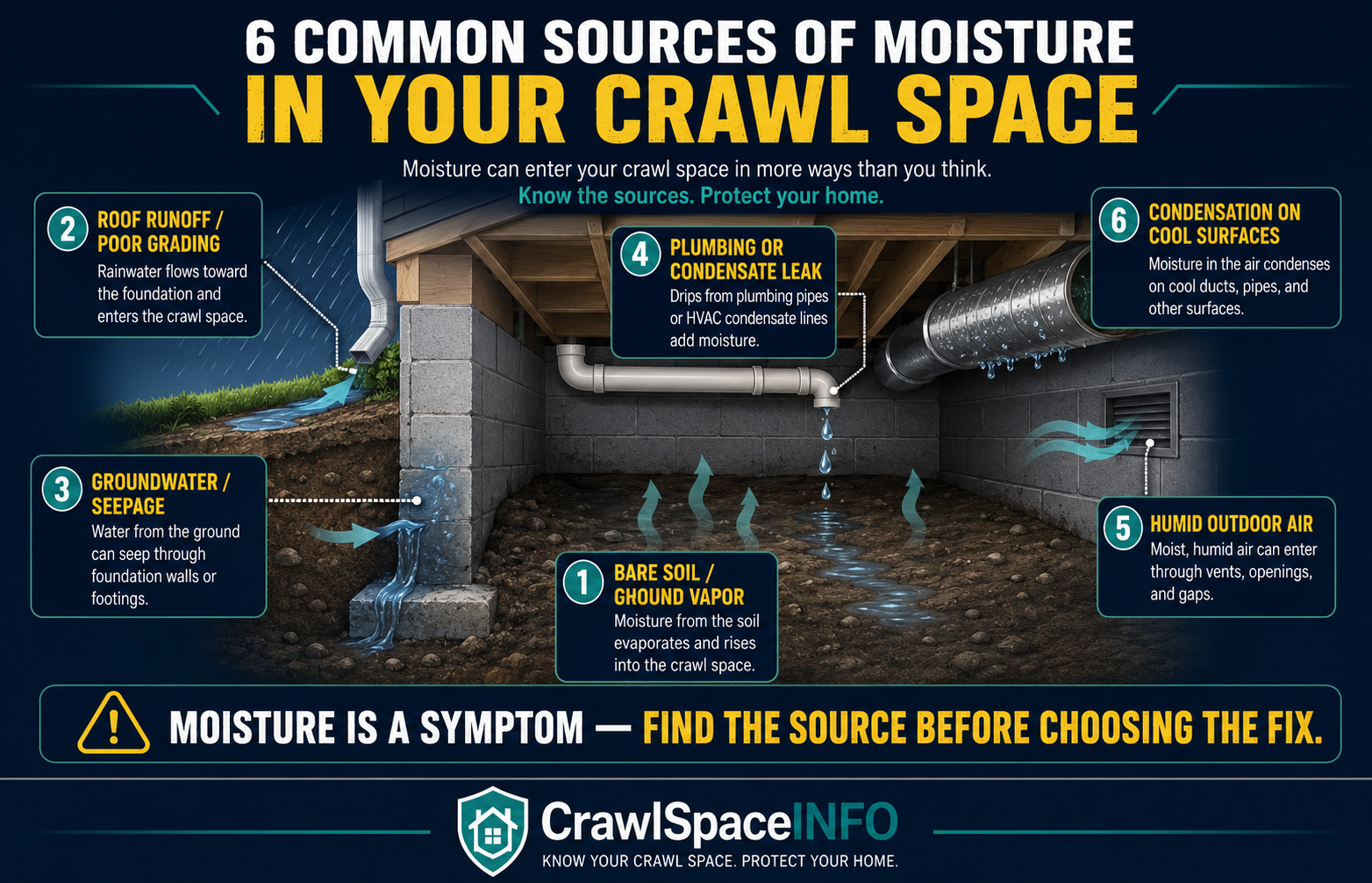 Infographic showing common crawl space moisture sources including ground vapor, rain runoff, groundwater, plumbing leaks, humid air and condensation.