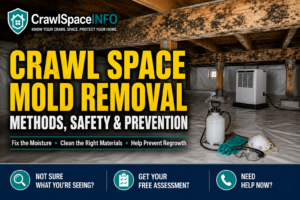 Crawl space mold removal beneath a home showing affected wood framing, moisture control and cleanup preparation.
