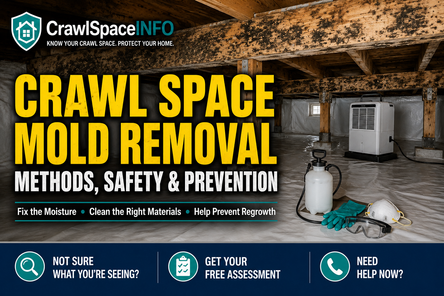 Crawl space mold removal beneath a home showing affected wood framing, moisture control and cleanup preparation.