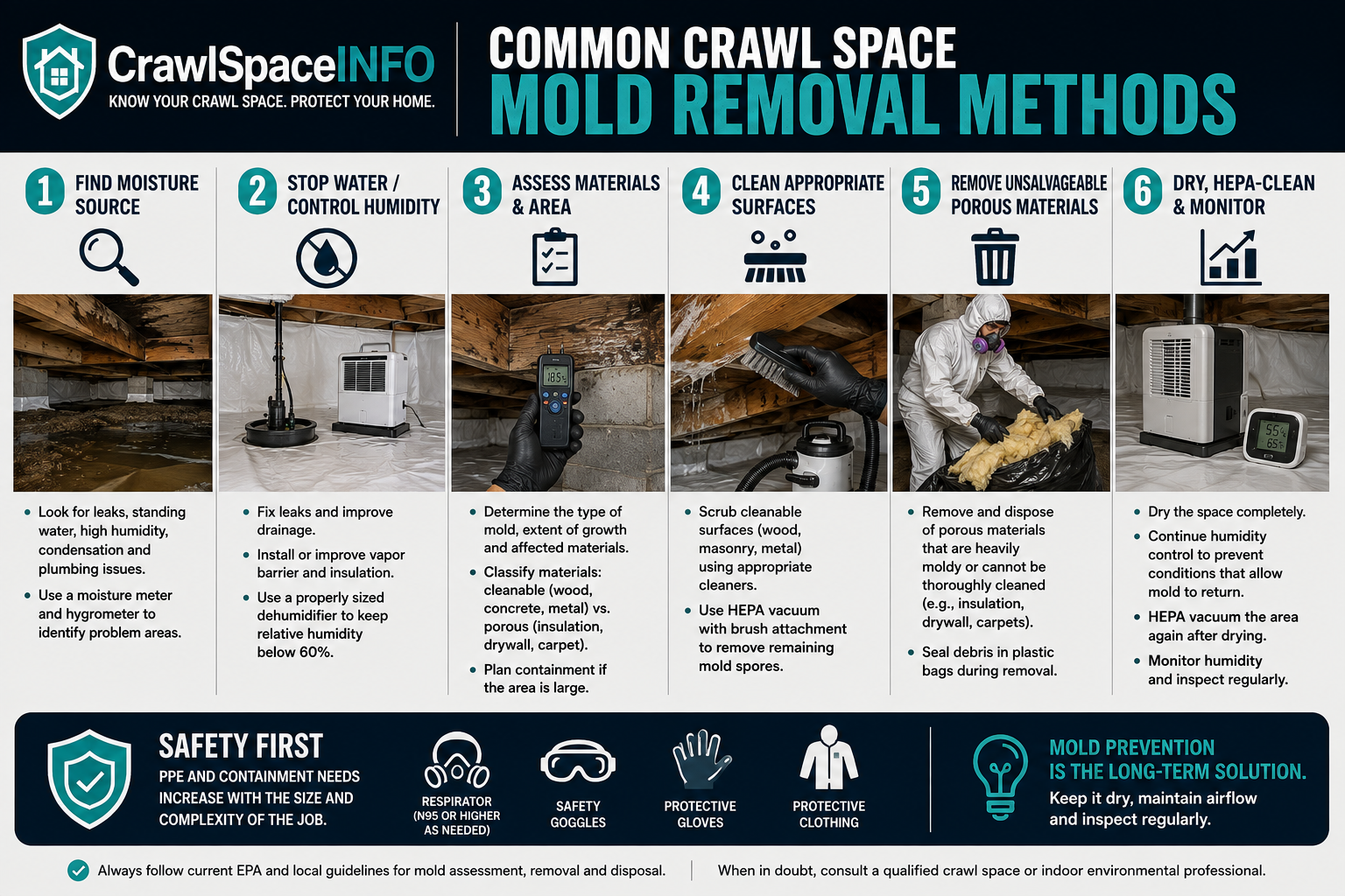Infographic showing crawl space mold removal steps including moisture correction, material assessment, cleaning, removal of damaged porous materials, HEPA cleanup and drying.