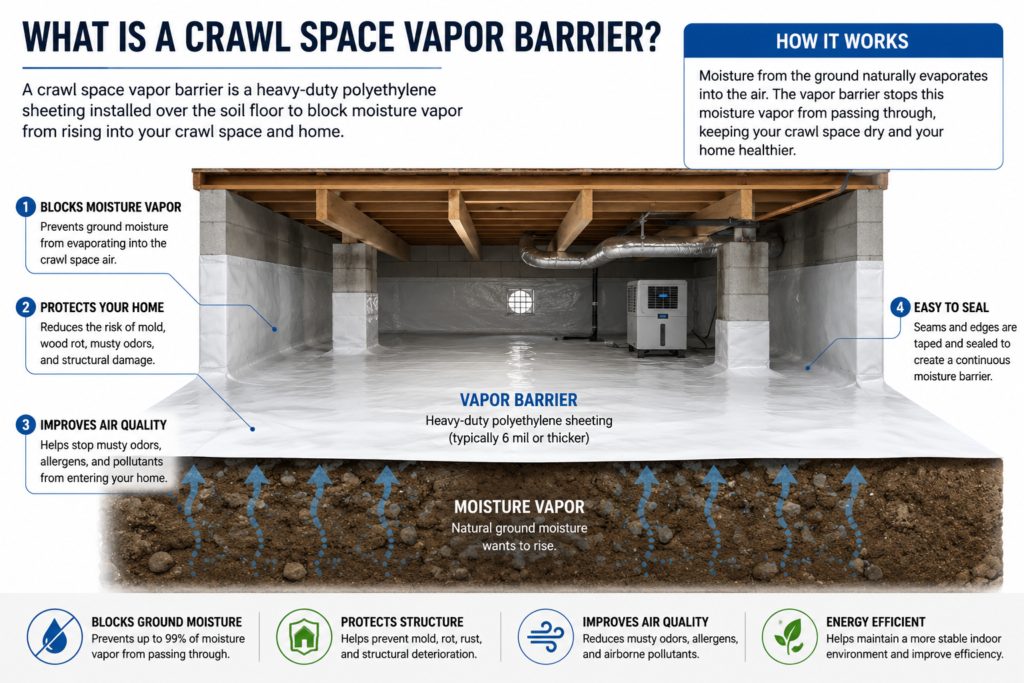 Diagram showing how a crawl space vapor barrier blocks ground moisture from entering the crawl space.