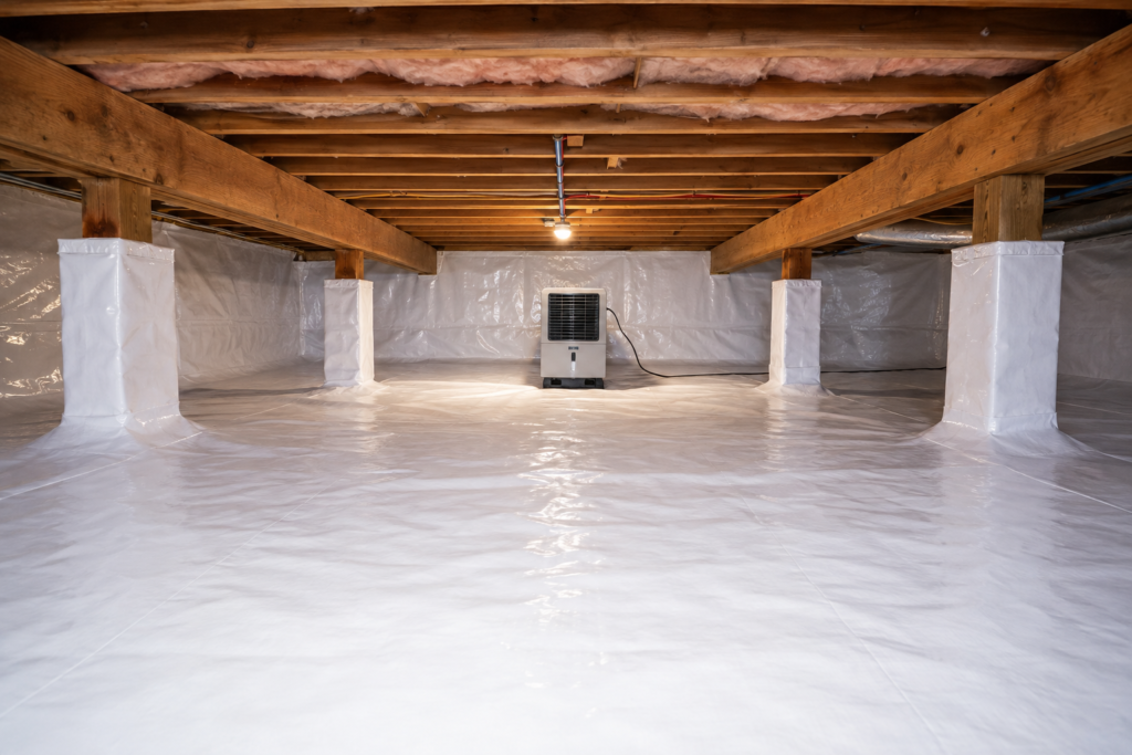 Alt Text:
Professionally installed crawl space vapor barrier covering the ground beneath a home to reduce moisture and improve indoor air quality.
