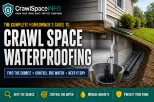 Crawl space waterproofing system beneath a home showing exterior drainage, perimeter drain, sump basin, vapor barrier and controlled discharge.