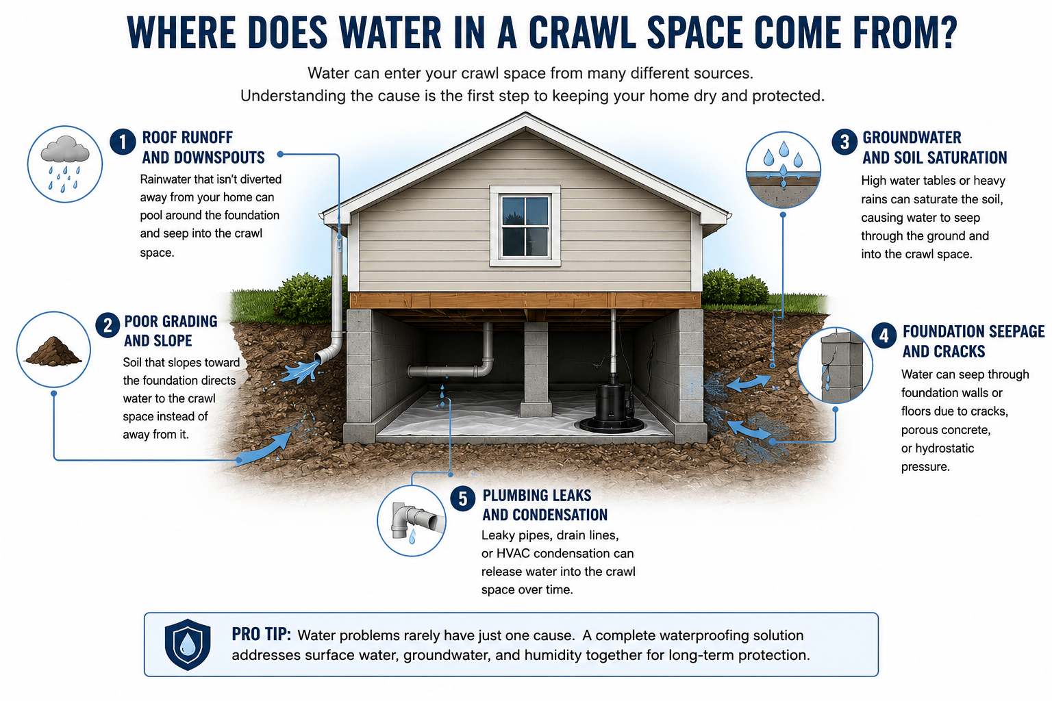 Diagram showing common sources of water in a crawl space including roof runoff, poor grading, groundwater, foundation seepage and plumbing leaks.