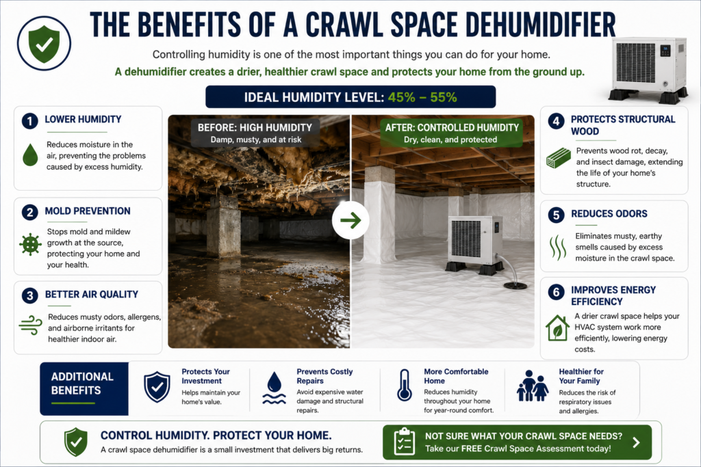 Infographic showing the major benefits of installing a crawl space dehumidifier, including humidity control, mold prevention, structural protection, improved indoor air quality, and reduced odors.