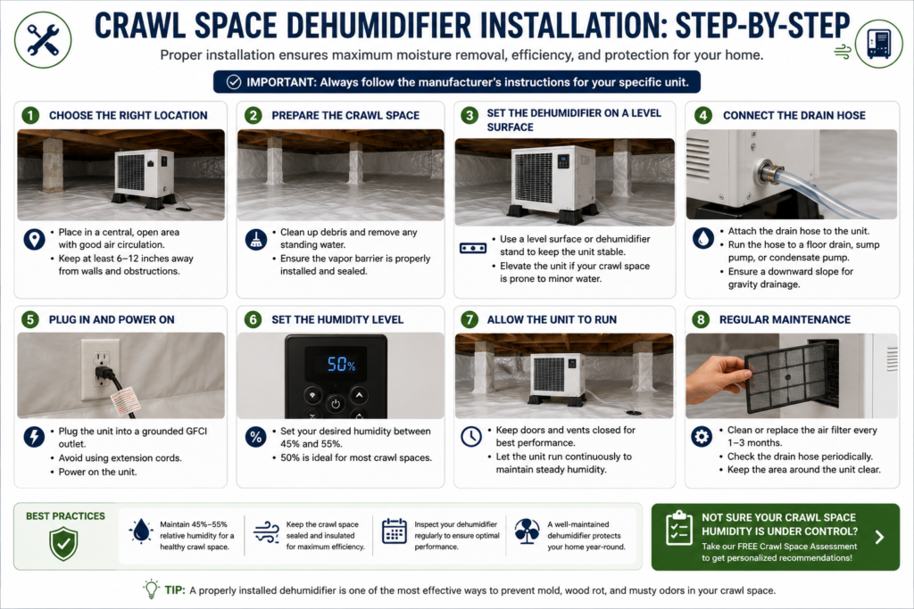 Step-by-step illustration showing the typical installation process for a crawl space dehumidifier, including placement, drainage, electrical connection, humidity settings, and routine maintenance.