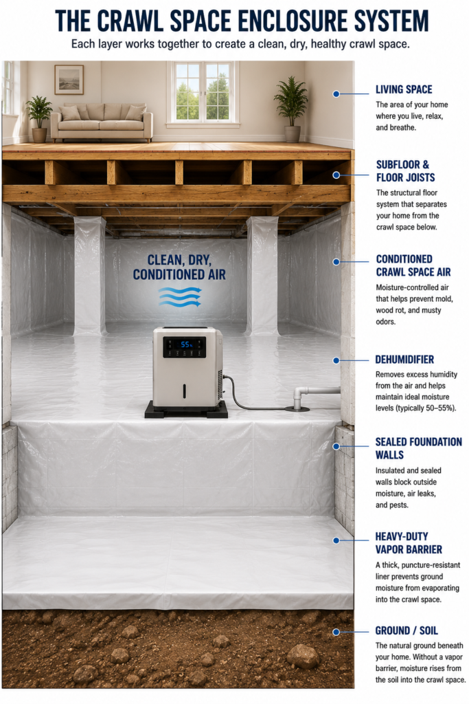 Diagram showing the layers and components of a crawl space encapsulation system.