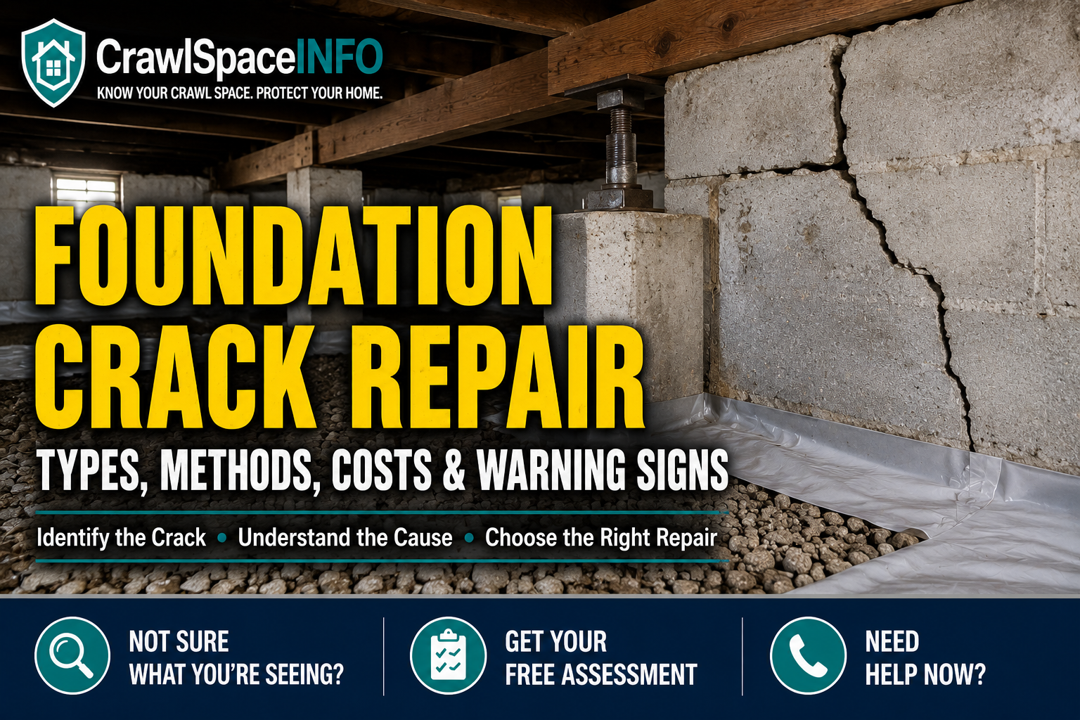 Crawl space foundation crack repair showing a cracked foundation wall, masonry pier, footing and structural support beneath a home.