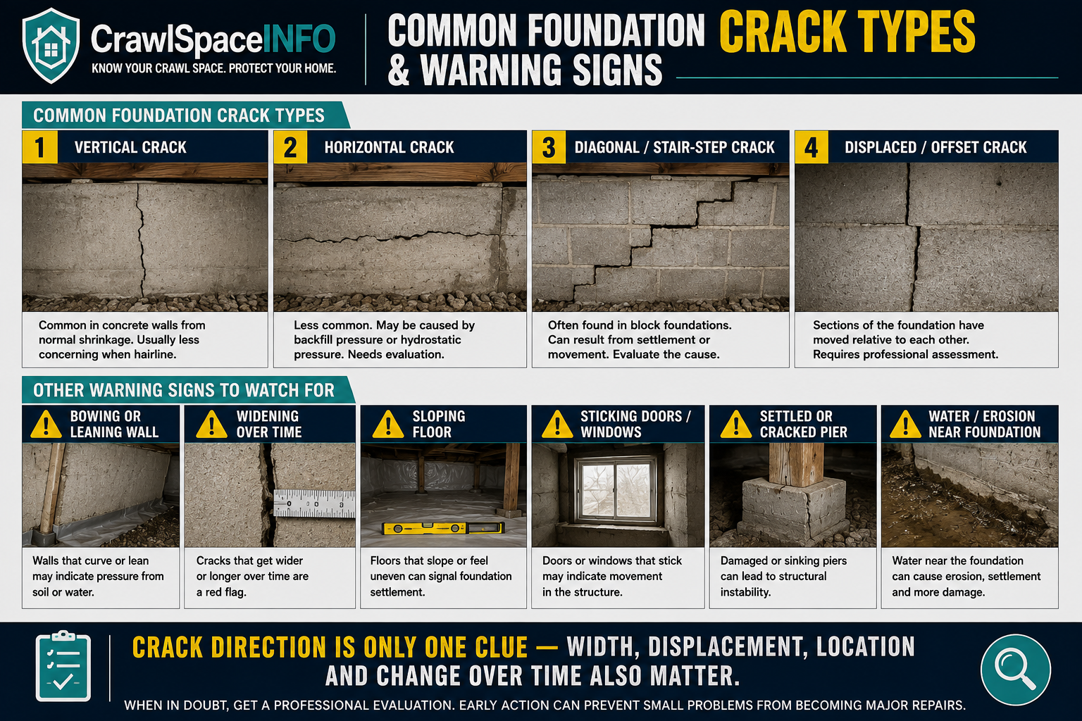 Infographic comparing vertical, horizontal, diagonal and stair-step foundation cracks with displacement, bowing and settlement warning signs.