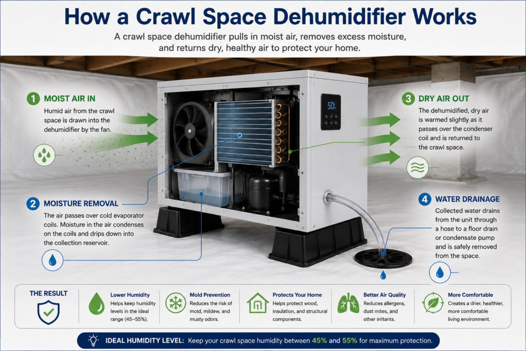 Cross-section illustrating humid air entering a crawl space dehumidifier and dry air returning to the crawl space.