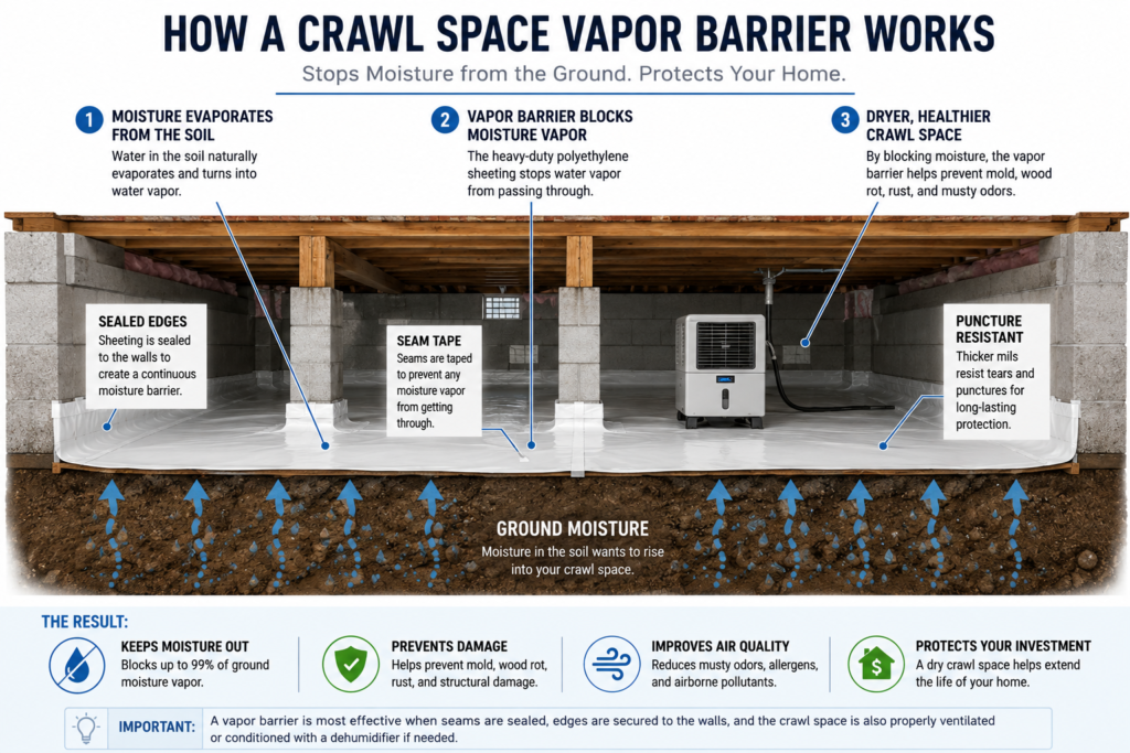 Cross-section illustrating moisture evaporation from soil and how a polyethylene vapor barrier prevents water vapor from entering the crawl space.