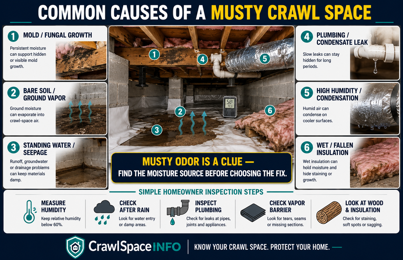 Infographic showing common causes of crawl space odor and musty smells including mold, ground moisture, standing water, plumbing leaks, condensation and wet insulation.