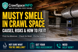 Musty crawl space beneath a home showing damp framing, vapor barrier, plumbing and moisture warning signs.