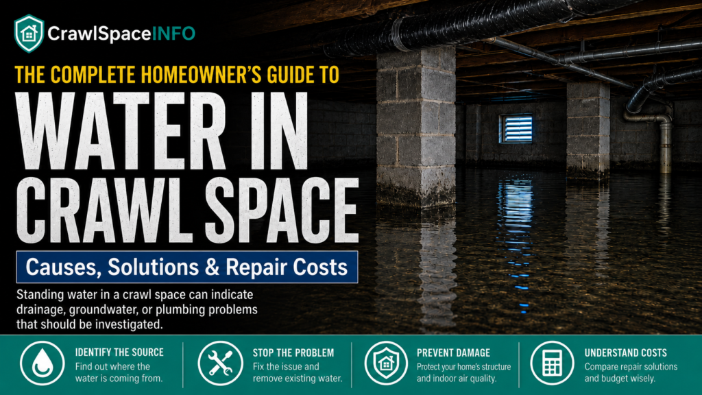 Water in a crawl space with standing water beneath a home.
