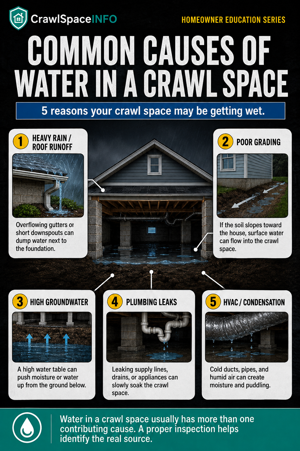 Diagram showing common causes of water in a crawl space, including rain runoff, grading, groundwater, plumbing leaks, and condensation.