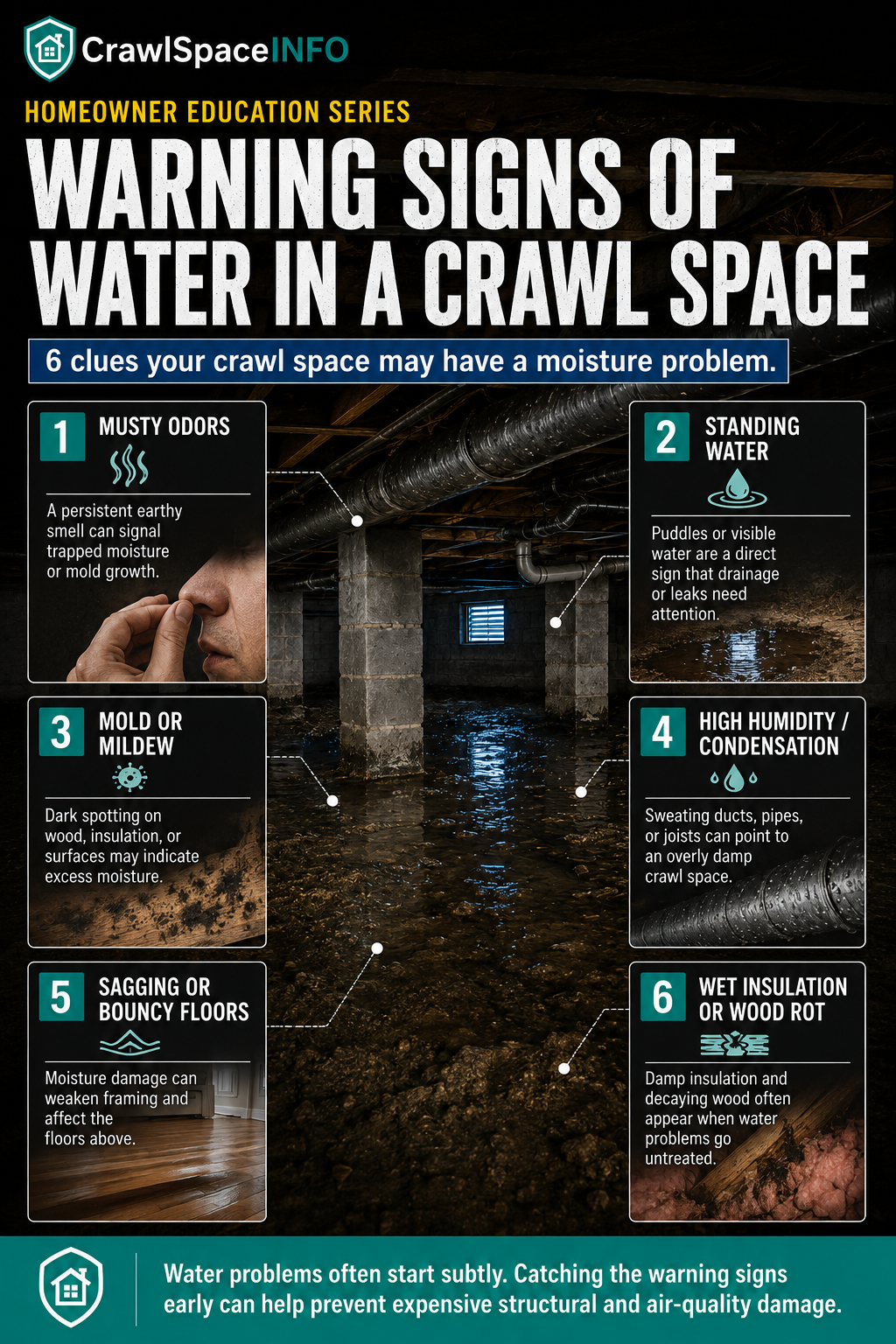 Warning signs of water in a crawl space including puddles, mold, wet insulation, rust, and wood damage.
