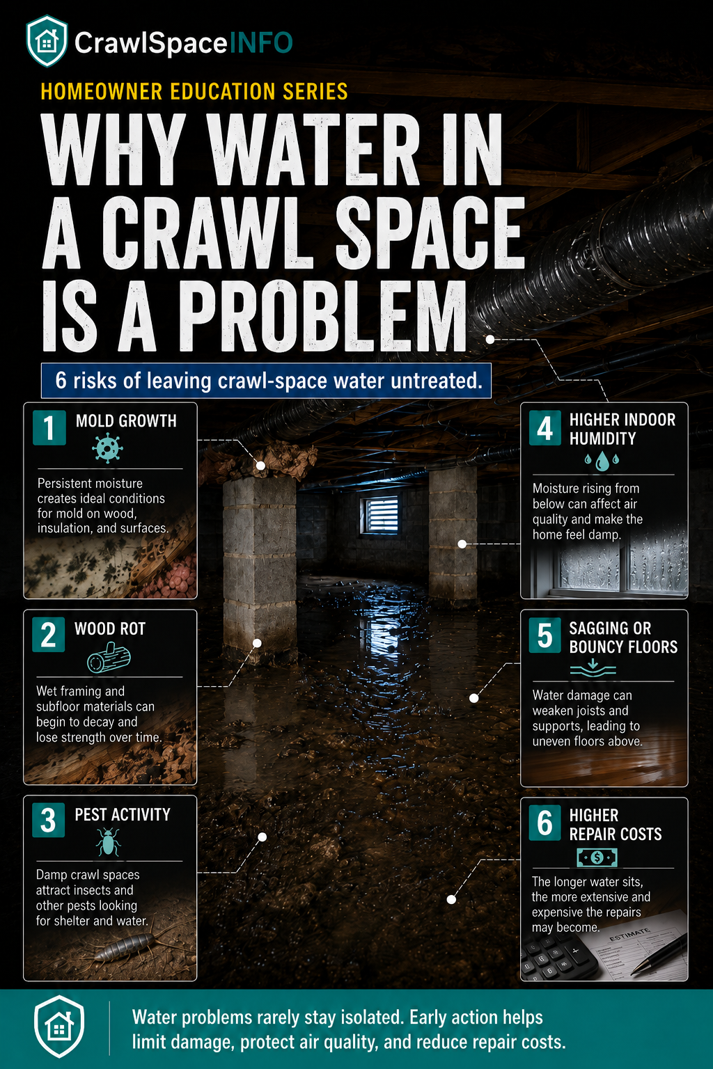 Homeowner inspection sequence for finding the source of water in a crawl space.