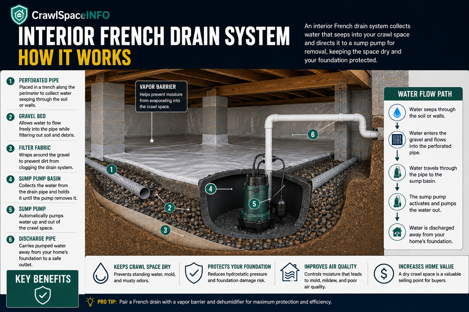 Cutaway diagram of an interior crawl space drain carrying groundwater to a sump basin.