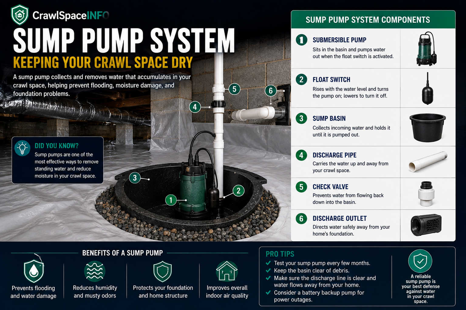 Sump pump installed in a crawl space basin with discharge piping.