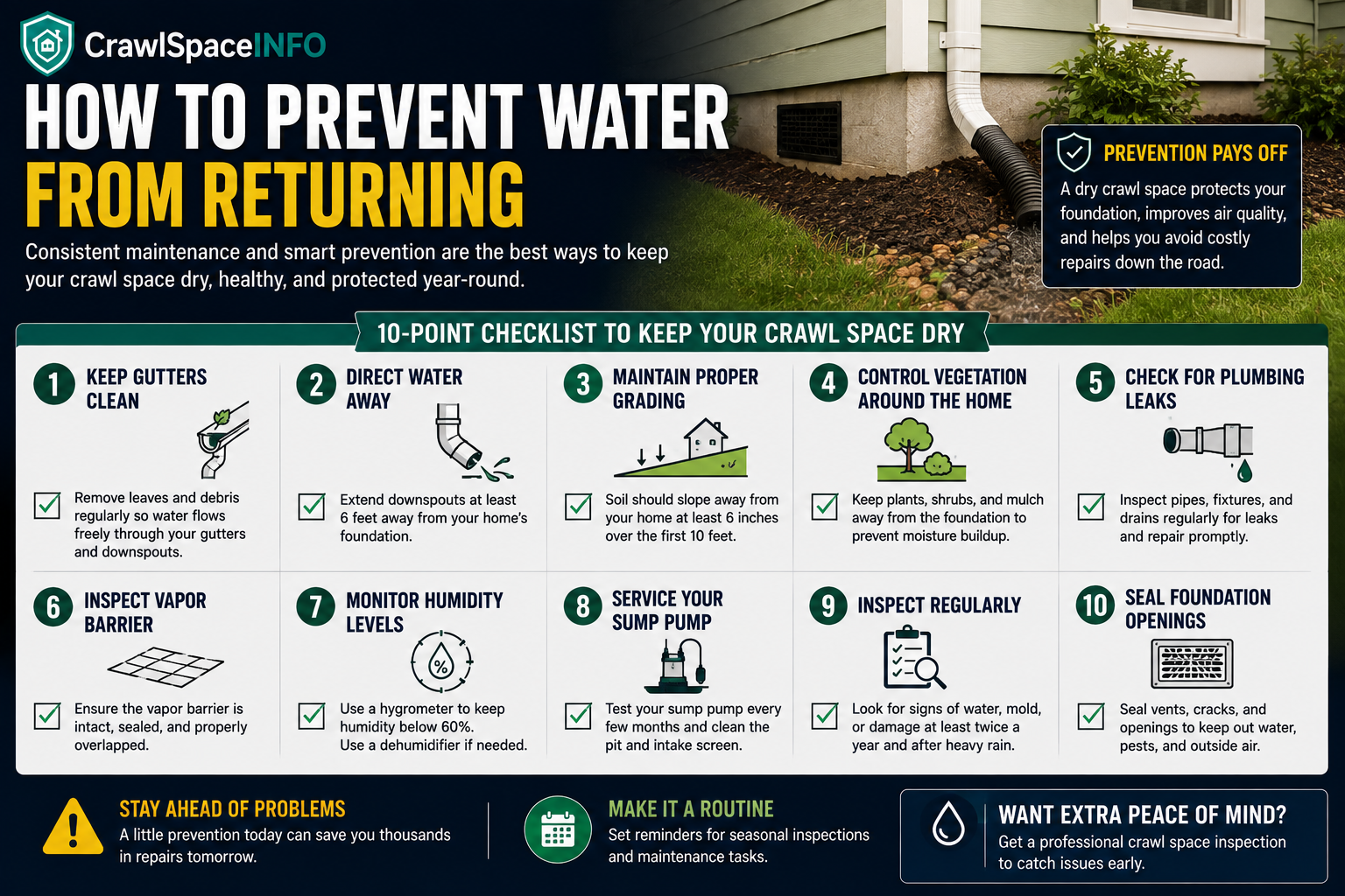 Crawl space water prevention checklist showing gutters, downspouts, grading, plumbing checks, sump maintenance, and humidity monitoring.
