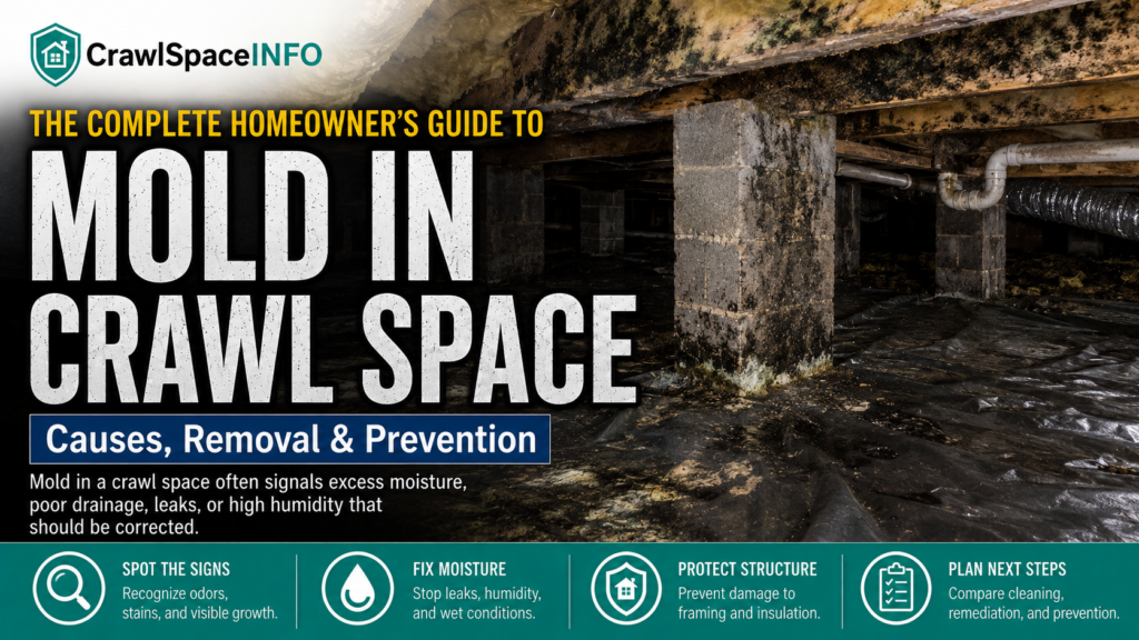 Mold growth on wood framing in a damp crawl space beneath a home.