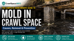 Mold growth on wood framing in a damp crawl space beneath a home.
