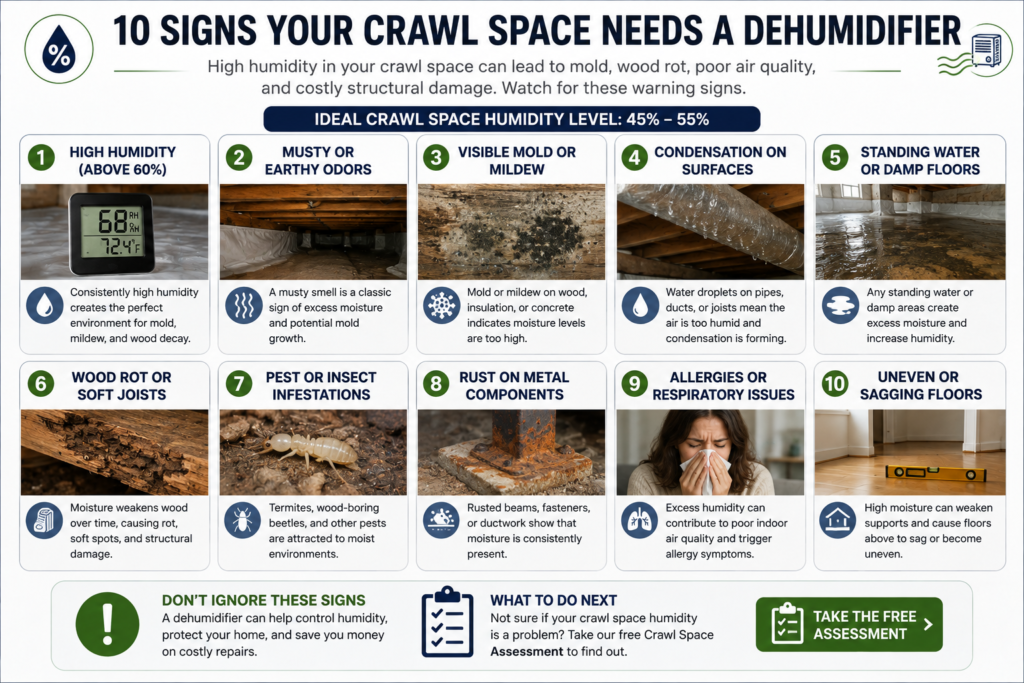 Infographic showing common signs that a crawl space may need a dehumidifier, including high humidity, mold, condensation, musty odors, wood damage, and pest activity.
