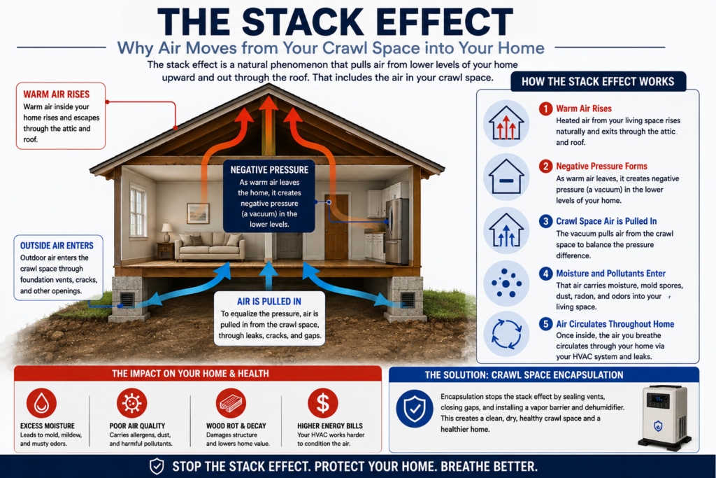 Diagram showing how air and moisture can move from a crawl space toward the living areas of a home.