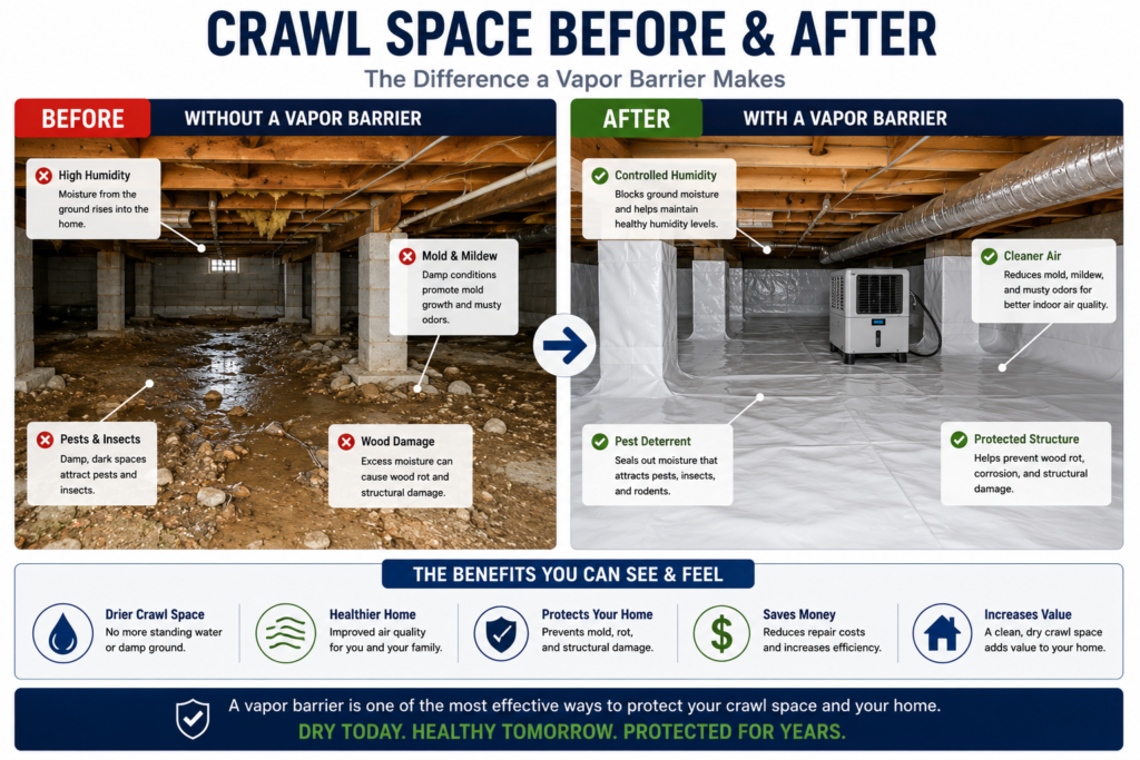 Comparison showing a damp crawl space before installation and a clean crawl space after installing a vapor barrier.
