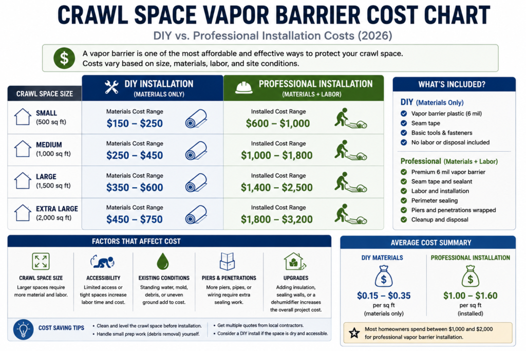 Comparison chart showing average DIY and professional crawl space vapor barrier installation costs, including materials, labor, and total project costs.