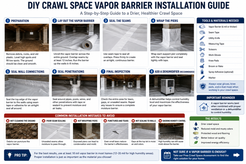 Step-by-step illustration showing installation of a crawl space vapor barrier from preparation through sealing seams.