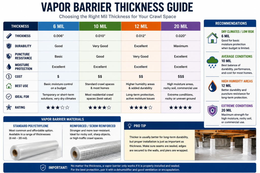 Comparison chart of 6 mil, 10 mil, 12 mil, and 20 mil crawl space vapor barriers showing durability, puncture resistance, moisture protection, and recommended applications.