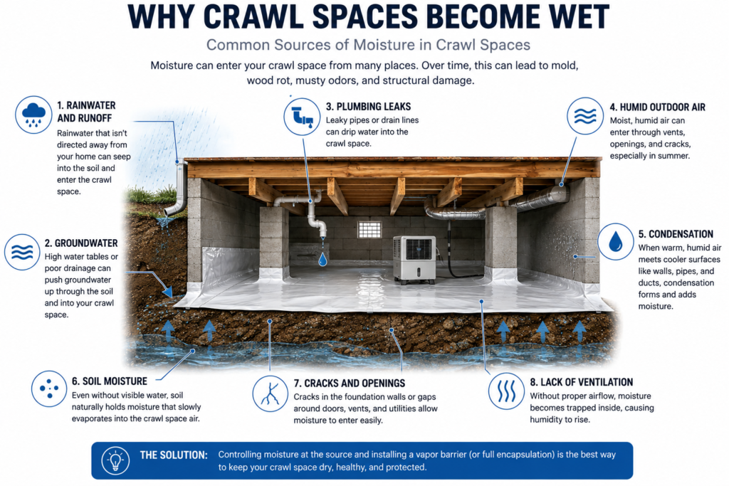 Infographic showing common causes of moisture in crawl spaces including rainwater, groundwater, plumbing leaks, and humid outdoor air.