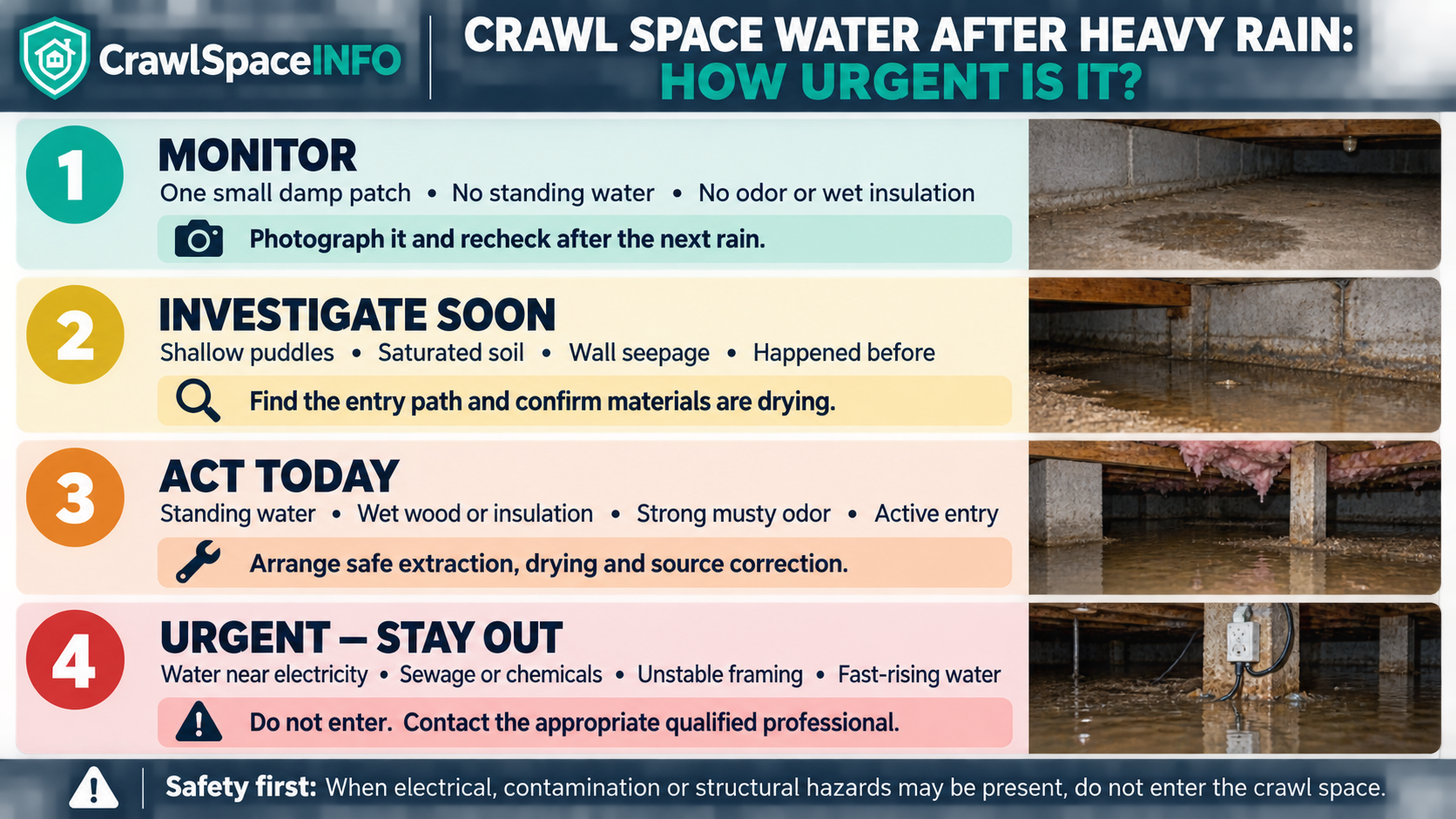 Four urgency levels for crawl space water after heavy rain