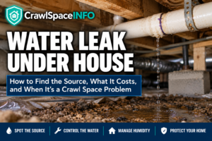 Water leaking from a pipe in a crawl space beneath a house