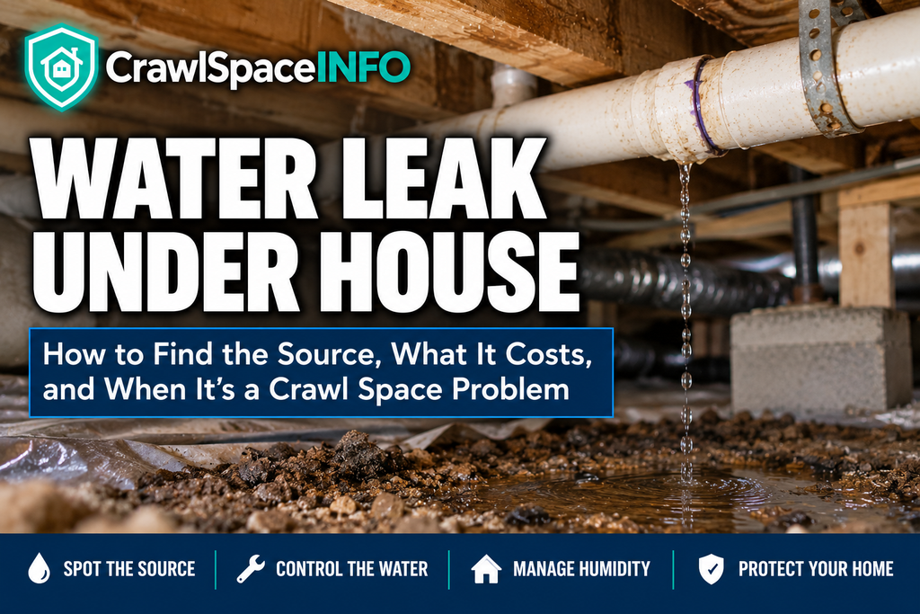 Water leaking from a pipe in a crawl space beneath a house